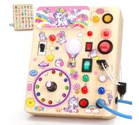 Konijiwa Tablero de Actividad Montessori Unicornio Juguete de Madera para 1 2 3 Años Tablero con 10 Interruptores 23 Luces LED Juguete de Aprendizaje Sensorial para Niñas