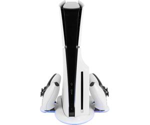 Konix Estación de refrigeración Power Station Cool & Charge Dock consola PS5 Slim - Soporte de carga 2 mandos DualSense - Iluminación RGB - Blanco