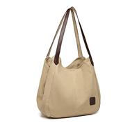 Kono Bolso de Hombro de Lona para Mujer, Tote Casual Shopper de Gran Capacidad y Ligero con Compartimento Principal con Cremallera y Bolsillos, Ideal para Diario, Trabajo, Viajes y Compras (Caqui)