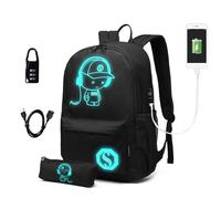 Kono Mochila Escolar Adolescente con Puerto USB, Ligera y Impermeable, Candado Antirrobo, Portátil 15,6", Mochila Anime Luminosa Unisex para Instituto, Colegio y Viajes - Negro