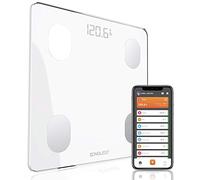 Konquest Báscula de baño digital inteligente, inalámbrico, Bluetooth, BMI, peso corporal, grasa, analizador de composición corporal con aplicación para smartphone (400 libras) (blanco)