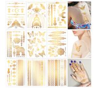 Konsait 9 hojas de tatuajes temporales dorados, diseños de luna, mariposa, elefante, tatuajes metálicos para mujeres, niñas, tatuajes faciales para fiestas y accesorios de festivales