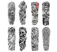 Konsait Full Brazo tatuajes temporales, Grande Tatuaje Temporales Mangas negro tatuaje impermeable cuerpo Tatuaje pegatinas para adultos hombre mujer, Dragón, cráneo, Rosa (8 hojas)
