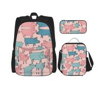 KoNsev 3 mochilas con diseño de cerdos lindos de 16 pulgadas, bolsa de libros y lonchera para niños pequeños de primaria, Black, Talla única, Juego de mochila escolar