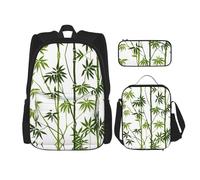 KoNsev 3 mochilas con estampado de bambú verde con plantas tropicales de 16 pulgadas, bolsa de libros y lonchera para niños pequeños de primaria, Black, Talla única, Juego de mochila escolar