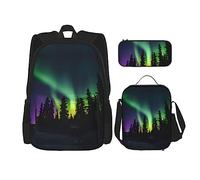 KoNsev 3 mochilas con estampado de luces del norte oscuras de 16 pulgadas, bolsa de libros y lonchera para niños pequeños de primaria, Black, Talla única, Juego de mochila escolar
