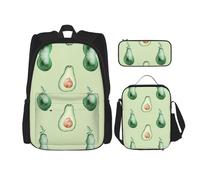 KoNsev 3 mochilas con patrón de aguacate de 16 pulgadas, bolsa de libros y lonchera para niños pequeños de primaria, Black, Talla única, Juego de mochila escolar