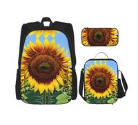 KoNsev 3 mochilas con patrón de girasol de 16 pulgadas, bolsa de libros y lonchera para niños pequeños de primaria, Black, Talla única, Juego de mochila escolar