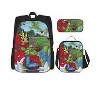 KoNsev 3 mochilas de 16 pulgadas con diseño de mariposa y flor de pájaro, bolsa de libros y lonchera para niños pequeños de primaria, Black, Talla única, Juego de mochila escolar
