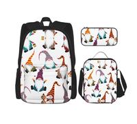 KoNsev 3 mochilas de gnomos divertidos de Navidad de 16 pulgadas, bolsa de libros y lonchera para niños pequeños de primaria, Black, Talla única, Juego de mochila escolar