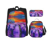 KoNsev 3 mochilas de pintura al óleo de lavanda de 16 pulgadas, bolsa de libros y lonchera para niños pequeños de primaria, Black, Talla única, Juego de mochila escolar
