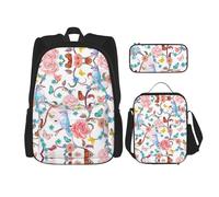 KoNsev 3 mochilas románticas y elegantes con diseño floral y mariposas de 16 pulgadas, bolsa de libros y lonchera para niños pequeños de primaria, Black, Talla única, Juego de mochila escolar