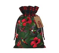 KoNsev Bolsa de regalo con cordón con diseño de colibríes, flores rojas, hibisco, bloque de color, regalo de vacaciones, suministros de Navidad, decoración de Halloween, 4.7 x 6.9 pulgadas