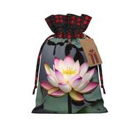 KoNsev Bolsas de Navidad con cordón, bolsas de regalo de Navidad a cuadros escoceses, bolsas de decoración de Halloween, bolsas de regalo de Navidad, estampado blanco de flor de loto