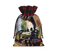 KoNsev Bolsas de Navidad con cordón, bolsas de regalo de Navidad a cuadros escoceses, bolsas de decoración de Halloween, bolsas de regalo de Navidad, impresión de tren pequeño de vapor