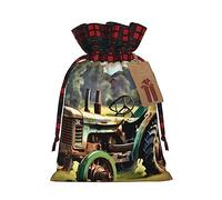 KoNsev Bolsas de Navidad con cordón, bolsas de regalo de Navidad a cuadros escoceses, bolsas de decoración de Halloween, bolsas de regalo de Navidad, impresión de granja de fotos de tractor antiguo