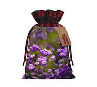 KoNsev Bolsas de Navidad con cordón, bolsas de regalo de Navidad a cuadros escoceses, bolsas de decoración de Halloween, bolsas de regalo de Navidad, muchas flores moradas impresas