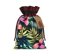 KoNsev Bolsas de Navidad con cordón, bolsas de regalo de Navidad a cuadros escoceses, bolsas de decoración de Halloween, bolsas de regalo de Navidad, estampado tropical de verano hawaiano de hojas de