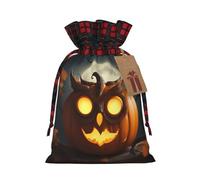 KoNsev Bolsas de Navidad con cordón, bolsas de regalo de Navidad a cuadros escoceses, bolsas de decoración de Halloween, bolsas de regalo de Navidad, estampado de búho y calabaza feliz de Halloween