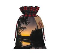 KoNsev Bolsas de Navidad con cordón, bolsas de regalo de Navidad a cuadros escoceses, bolsas de decoración de Halloween, bolsas de regalo de Navidad, estampado de canoa iluminada por la luna del río
