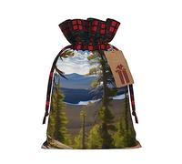KoNsev Bolsas de Navidad con cordón, bolsas de regalo de Navidad a cuadros escoceses, bolsas de decoración de Halloween, bolsas de regalo de Navidad, impresión de pino de montaña de alce, impresión