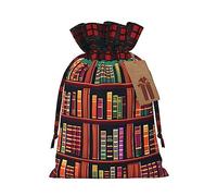 KoNsev Bolsas de Navidad con cordón, bolsas de regalo de Navidad a cuadros escoceses, bolsas de decoración de Halloween, bolsas de regalo de Navidad, impresión de estantería de biblioteca
