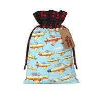 KoNsev Bolsas de Navidad con cordón, bolsas de regalo de Navidad a cuadros escoceses, bolsas de decoración de Halloween, bolsas de regalo de Navidad, muchos dibujos animados pequeños aviones impresos
