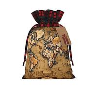 KoNsev Bolsas de Navidad con cordón, bolsas de regalo de Navidad a cuadros escoceses, bolsas de decoración de Halloween, bolsas de regalo de Navidad, impresión de mapa del mundo manchado antiguo