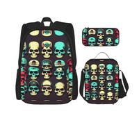 KoNsev Cool Retro Skull Head Graphics - 3 mochilas de 16 pulgadas para la escuela preescolar y lonchera para niños pequeños, Black, Talla única, Juego de mochila escolar