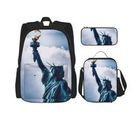 KoNsev Estatua de la Libertad 3 mochilas de 16 pulgadas para escuela preescolar y lonchera para niños pequeños, Black, Talla única, Juego de mochila escolar