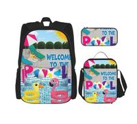 KoNsev Flamingo and Swimming Pool - 3 mochilas de 16 pulgadas para escuela preescolar y lonchera para niños pequeños, Black, Talla única, Juego de mochila escolar