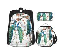 KoNsev Hermosas mochilas de flores de pavo real de 16 pulgadas, mochila escolar preescolar y lonchera para niños pequeños de primaria, Black, Talla única, Juego de mochila escolar