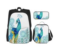 KoNsev Hermosas mochilas de pavo real y floral, 3 unidades, 16 pulgadas, mochila escolar preescolar y lonchera para niños pequeños de primaria, Black, Talla única, Juego de mochila escolar