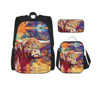 KoNsev Highland Cow - 3 mochilas de 16 pulgadas para escuela preescolar y lonchera para niños pequeños, Black, Talla única, Juego de mochila escolar