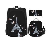 KoNsev Juego de 3 bolsas de libros estampadas para escuela primaria, bolsa escolar con bolsa de almuerzo, estuche para lápices, notas musicales azules, torre eiffel, Talla única