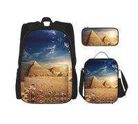 KoNsev Juego de 3 bolsas de libros estampadas para escuela primaria, bolsa escolar con bolsa de almuerzo, estuche para lápices, color azul y rosa fuego, Pirámide egipcia en el desierto, Talla única