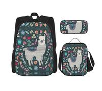 KoNsev Juego de 3 bolsas de libros estampadas para escuela primaria, bolsa escolar con bolsa de almuerzo, estuche para lápices, bonita llama dibujada a mano, Bonito diseño floral de llama, Talla única