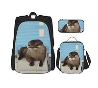 KoNsev Juego de 3 bolsas de libros estampadas para escuela primaria, bolsa escolar con bolsa de almuerzo, estuche para lápices, bonita llama dibujada a mano, Linda nutria, Talla única