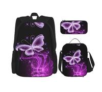 KoNsev Juego de 3 bolsas de libros estampadas para escuela primaria, bolsa escolar con bolsa de almuerzo y estuche para lápices, bonito pingüino, Bonita mariposa morada, Talla única