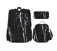 KoNsev Juego de 3 bolsas de libros estampadas para escuela primaria, bolsa escolar con bolsa de almuerzo y estuche para lápices, bonito pingüino, Mármol blanco y negro., Talla única
