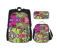 KoNsev Juego de 3 bolsas de libros estampadas para escuela primaria de secundaria, bolsa escolar con bolsa de almuerzo, estuche para lápices, arcoíris colorido, Dibujo de graffiti, Talla única