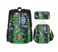 KoNsev Juego de 3 bolsas de libros estampadas para escuela primaria de secundaria, bolsa escolar con bolsa de almuerzo, estuche para lápices, arcoíris colorido, Hoja tropical colorida, Talla única