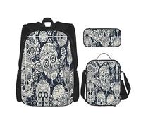 KoNsev Juego de 3 bolsas de libros estampadas para escuela secundaria, bolsa escolar con bolsa de almuerzo y estuche para lápices, mariposa rosa, Calavera floral., Talla única