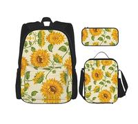 KoNsev Juego de 3 bolsas de libros estampadas para escuela secundaria, bolsa escolar con bolsa de almuerzo, estuche para lápices, lindo perro carlino negro, Hermoso girasol amarillo, Talla única