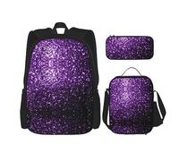 KoNsev Juego de 3 bolsas de libros estampadas para escuela secundaria, bolsa escolar con bolsa de almuerzo, estuche para lápices, lindo perro carlino negro, Hermosa purpurina morada, Talla única