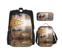 KoNsev Juego de 3 bolsas de libros estampadas para escuela secundaria, bolsa escolar con bolsa de almuerzo, estuche para lápices, lindo perro carlino negro, Lindos ciervos, Talla única
