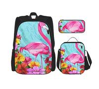 KoNsev Juego de 3 bolsas de libros estampadas para escuela secundaria, bolsa escolar con bolsa de almuerzo y estuche para lápices, mariposa rosa, Flores de flamenco, Talla única