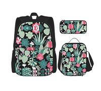 KoNsev Juego de 3 bolsas de libros estampadas para escuela secundaria, bolsa escolar con bolsa de almuerzo, estuche para lápices, espirales florales, Cactus, Talla única