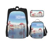 KoNsev Juego de 3 bolsas de libros estampadas para escuela secundaria, bolsa escolar con bolsa de almuerzo y estuche para lápices, mariposa rosa, Bandada de flamencos rosados en la playa, Talla única