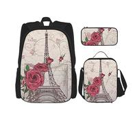 KoNsev Juego de 3 bolsas de libros estampadas para escuela secundaria, bolsa escolar con bolsa de almuerzo, estuche para lápices, flores azules tropicales, Torre Eiffel Rose Flower, Talla única